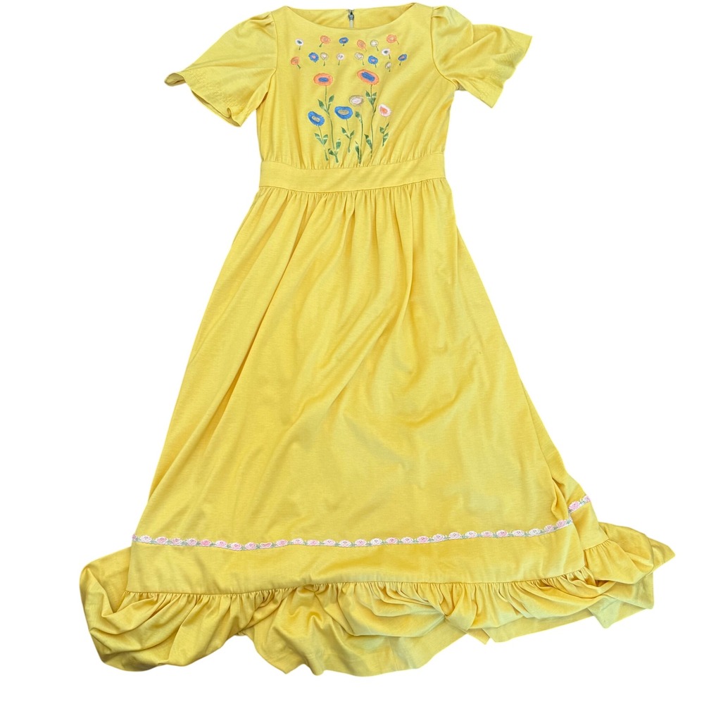 Vintage Handmade Yellow Maxi Dress – Floral Embroidery, Cottagecore Prairie S/M‎